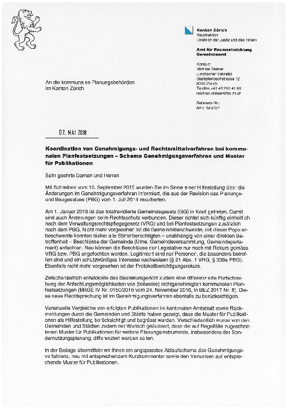 Kommunalen Planfestsetzungen: Koordination von Genehmigungs- und Rechtsmittelverfahren, Kreisschreiben Mai 2018
