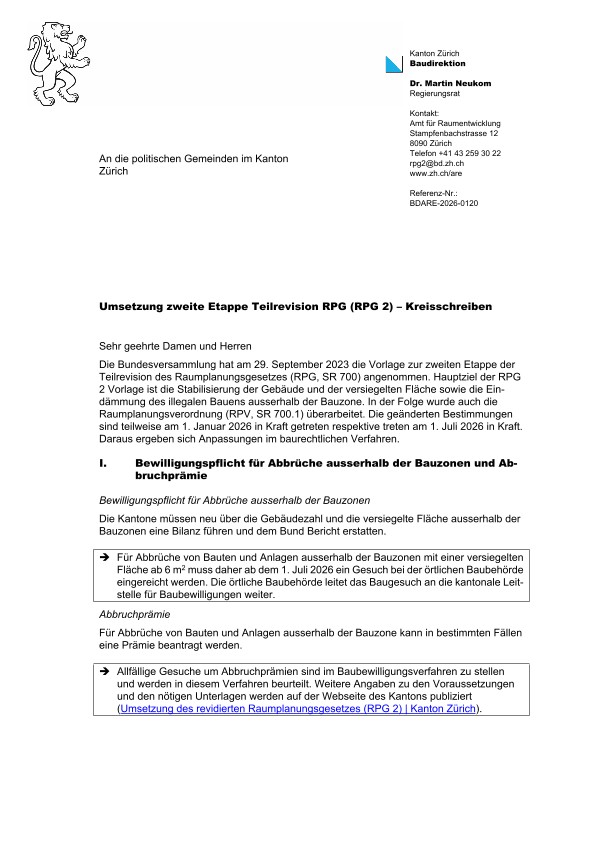 RPG 2 - Umsetzung zweite Etappe Teilrevision RPG - Kreisschreiben Mai 2026