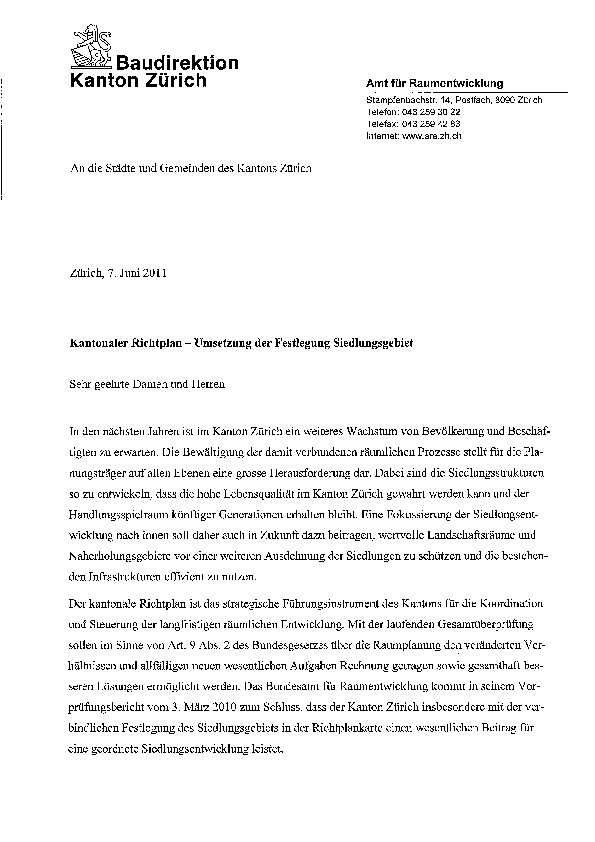 Siedlungsgebiet: Umsetzung der Festlegung Siedlungsgebiet, Kreisschreiben Juni 2011