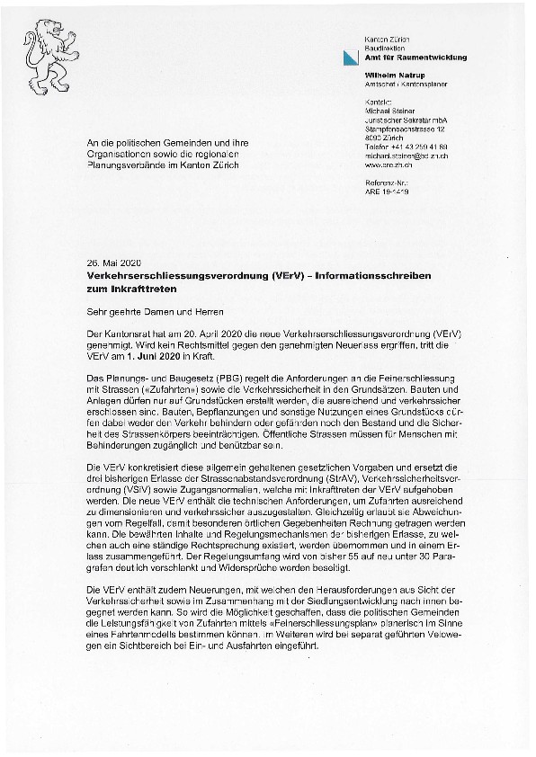 Verkehrserschliessungsverordnung (VErV): Informationsschreiben zum Inkrafttreten, Mai 2020