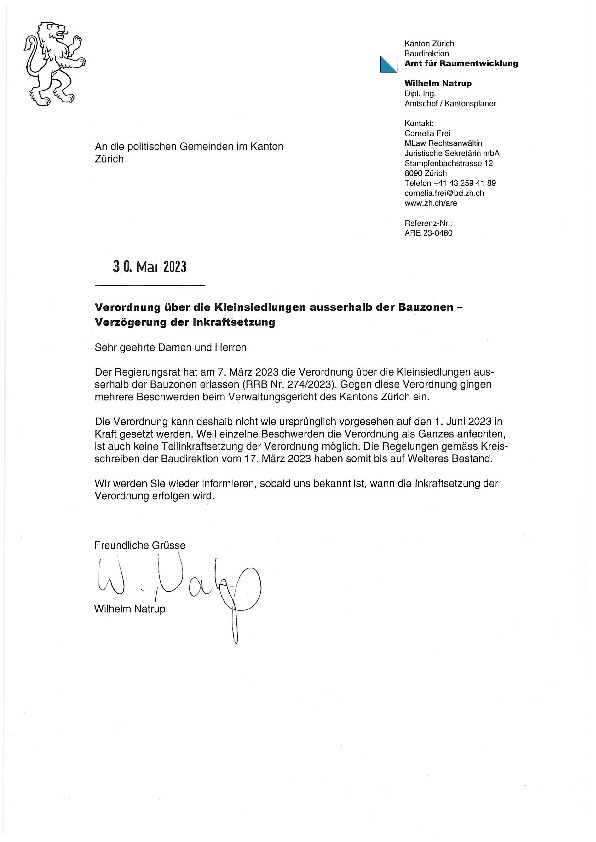 Schreiben Amt für Raumentwicklung zur Verzögerung bei der Inkraftsetzung der VKaB vom 30.05.2023