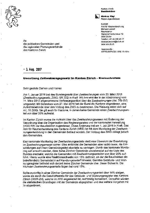 Zweitwohnungsgesetz: Umsetzung im Kanton Zürich, Kreisschreiben August 2017