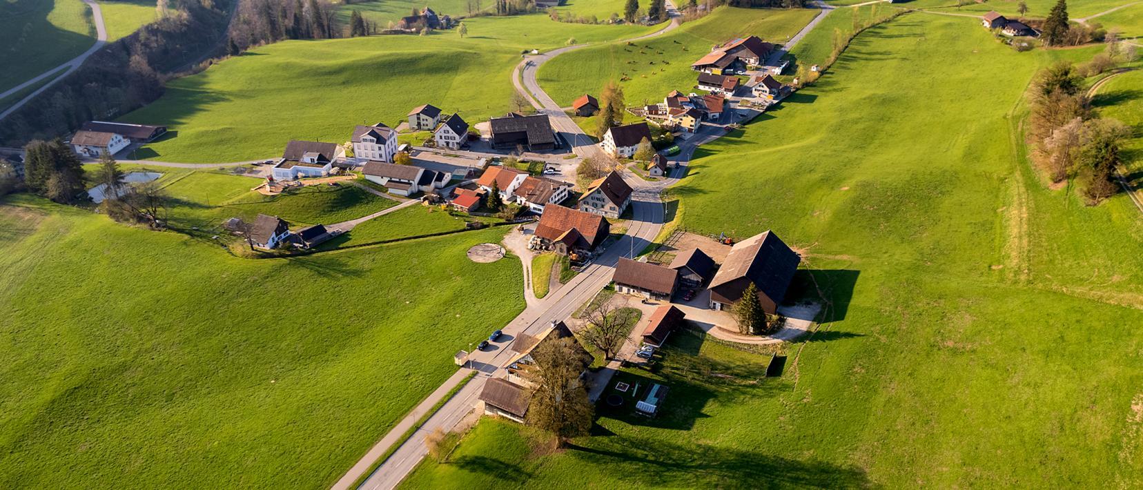 Luftbild der Kleinsiedlung Ried bei Gibswil inmitten von grünen Wiesen.