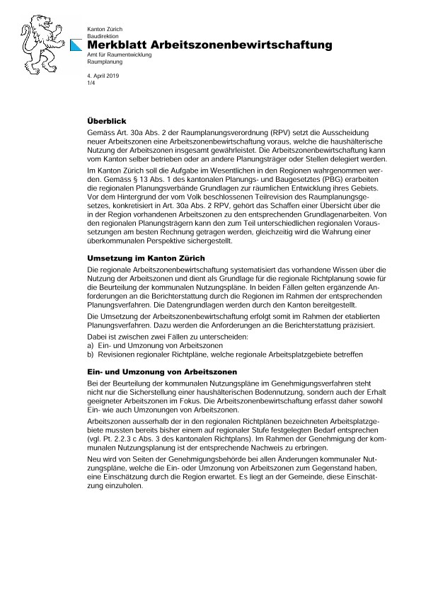 Arbeitszonen: Merkblatt Arbeitszonenbewirtschaftung, April 2019