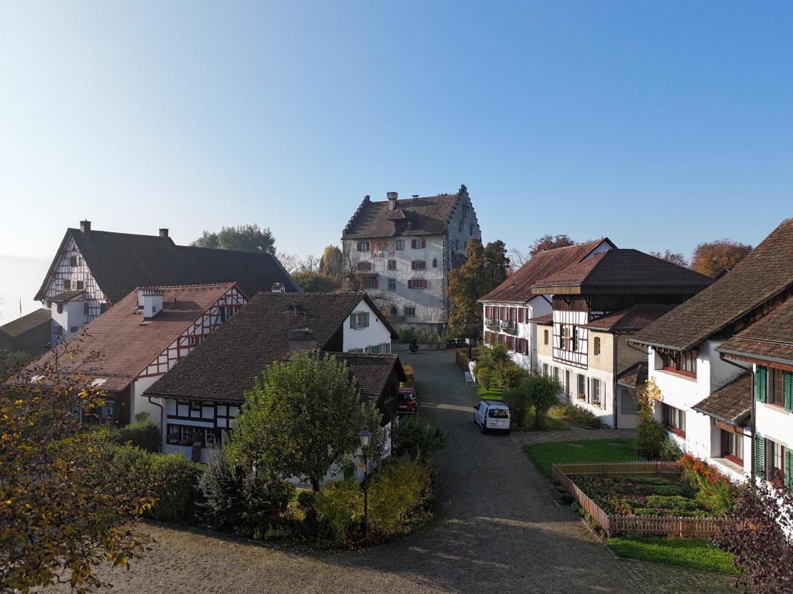 Städtli von Greifensee mit Fachwerkhäusern, Vorgärten und einer gepflästerten Gasse.