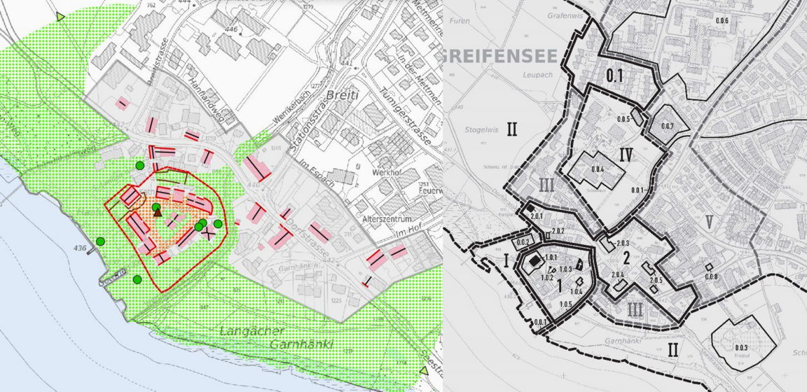Grafische links-rechts Gegenüberstellung der Inventarpläne des Ortsbildes von Greifensee.