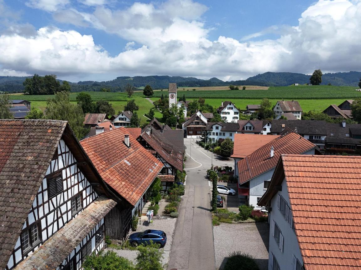 Strasse mit Fachwerkhäusern, einigen Neubauten und einer hügeligen Landschaft im Hintergrund