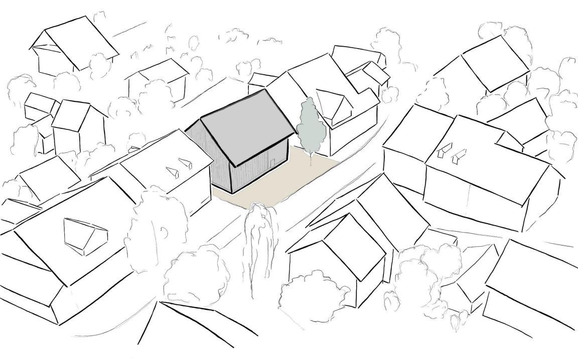 Grob skizzierter Ortskern mit einer Volumenstudie zu einem Neubau inmitten einer Ansammlung von Häusern, Grünräumen, Strassen und Bäumen.