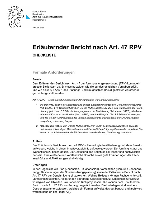 Checkliste: Anforderungen für den Erläuternden Bericht nach Art. 47 RPV, Januar 2026