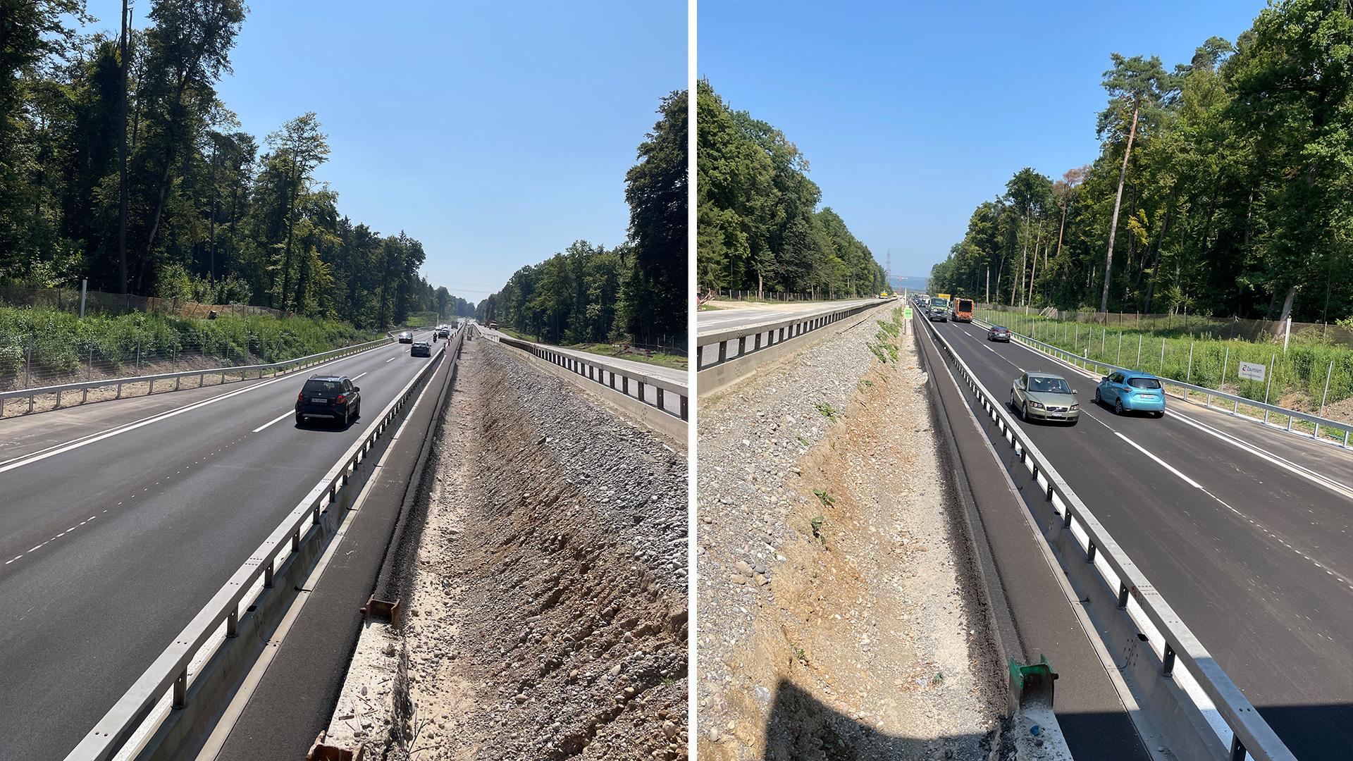 Fahrzeuge fahren auf einer mehrspurigen Strasse, die durch einen Wald führt.