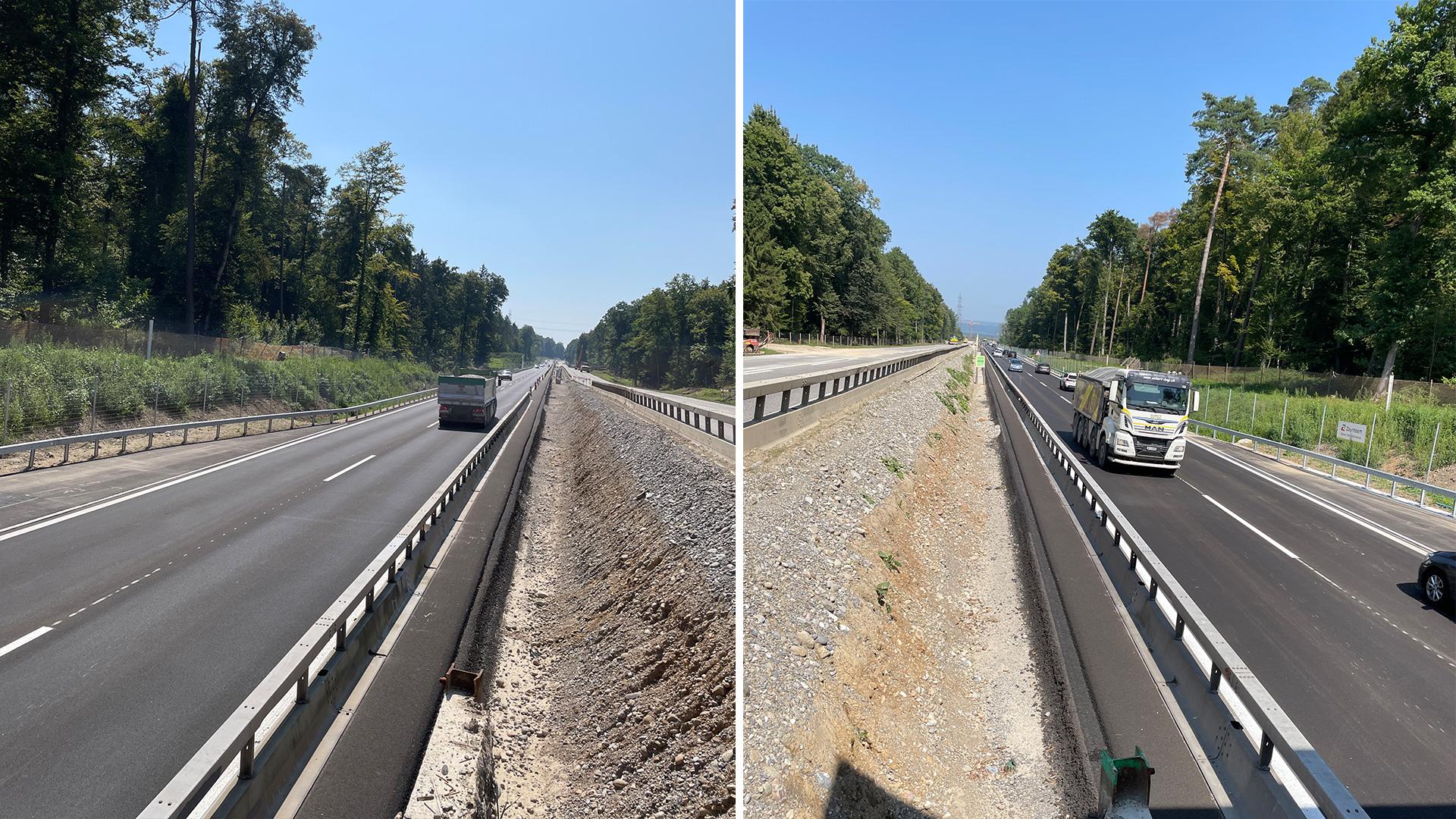 Fahrzeuge fahren auf einer mehrspurigen Strasse, die durch einen Wald führt.