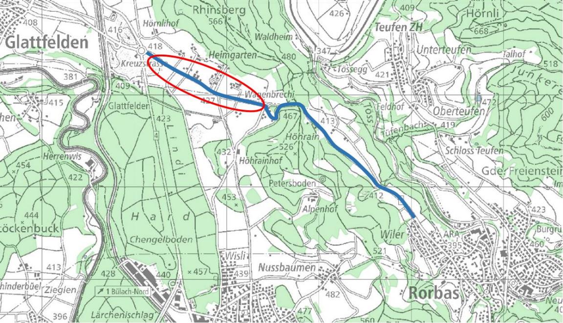 Karte mit eingezeichnetem Projektperimeter auf der Weiacherstrasse, Kreisel Chrüzstrass bis Ortseingang Rorbas