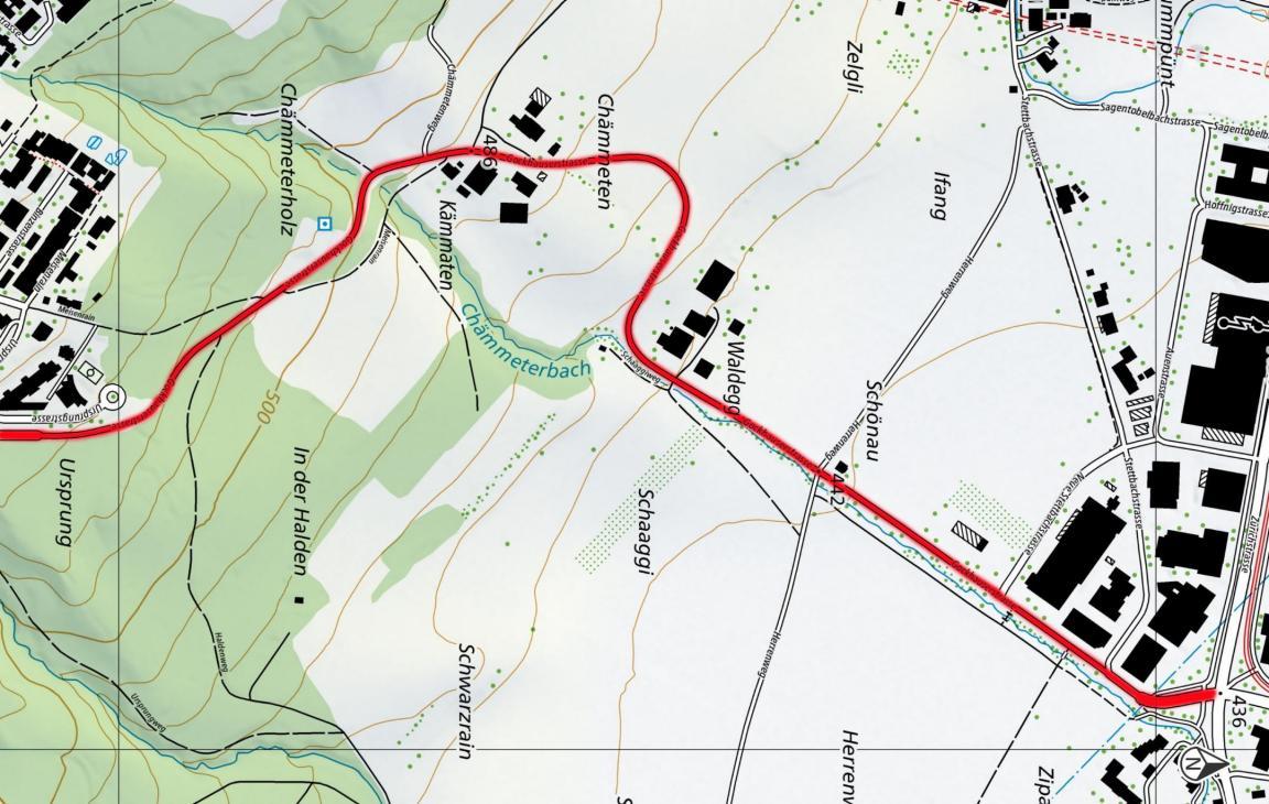 Landeskarte mit rot markierter Strasse