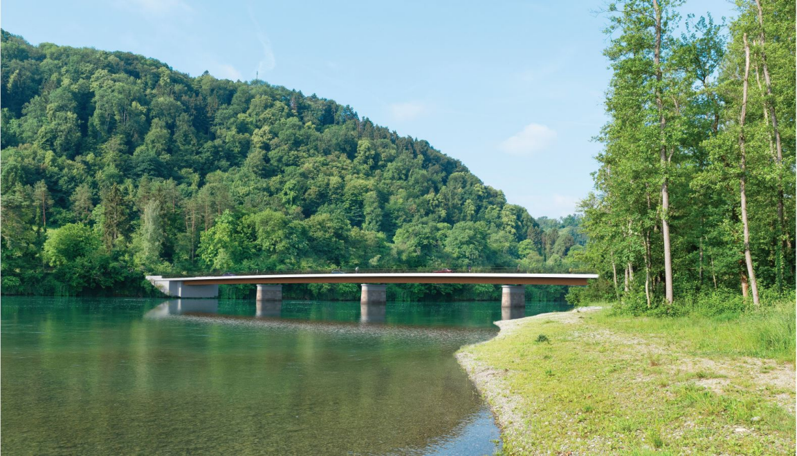 Die Visualisierung zeigt die geplante Brücke über den Rhein von Flaach nach Rüdlingen. Der Rhein liegt zwischen zwei bewaldeten Landstücken, darüber führt eine Brücke mit drei Pfeilern.