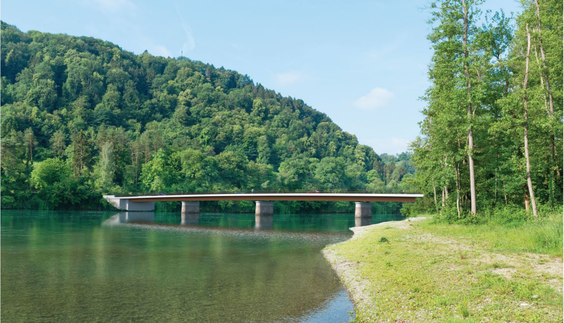 Die Visualisierung zeigt die geplante Brücke über den Rhein von Flaach nach Rüdlingen. Der Rhein liegt zwischen zwei bewaldeten Landstücken, darüber führt eine Brücke mit drei Pfeilern. 