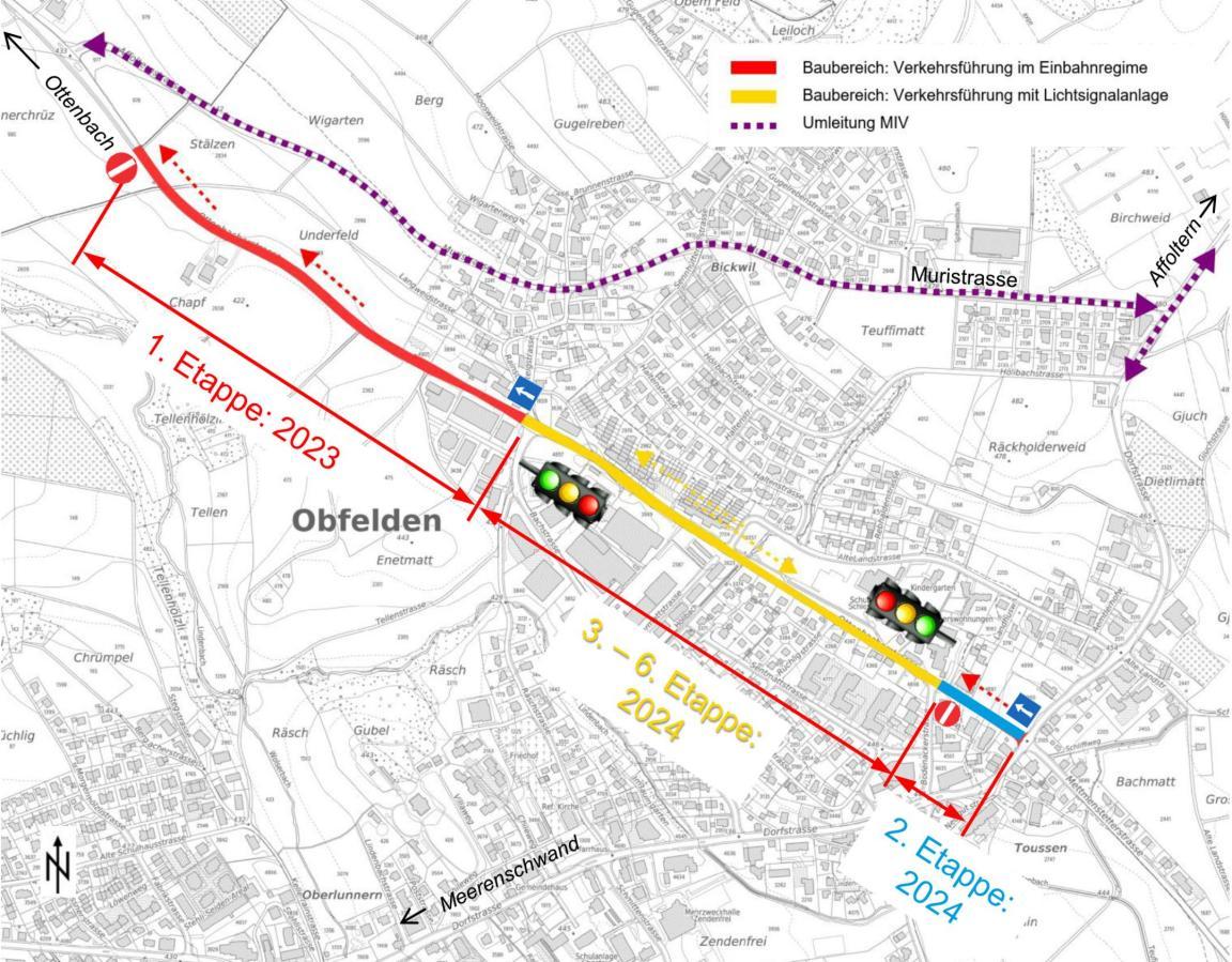Ortsplan der Gemeinde Obfelden mit der Ottenbacherstrasse und drei farblich unterschiedlich markierten Strassenabschnitten sowie Verkehrszeichen