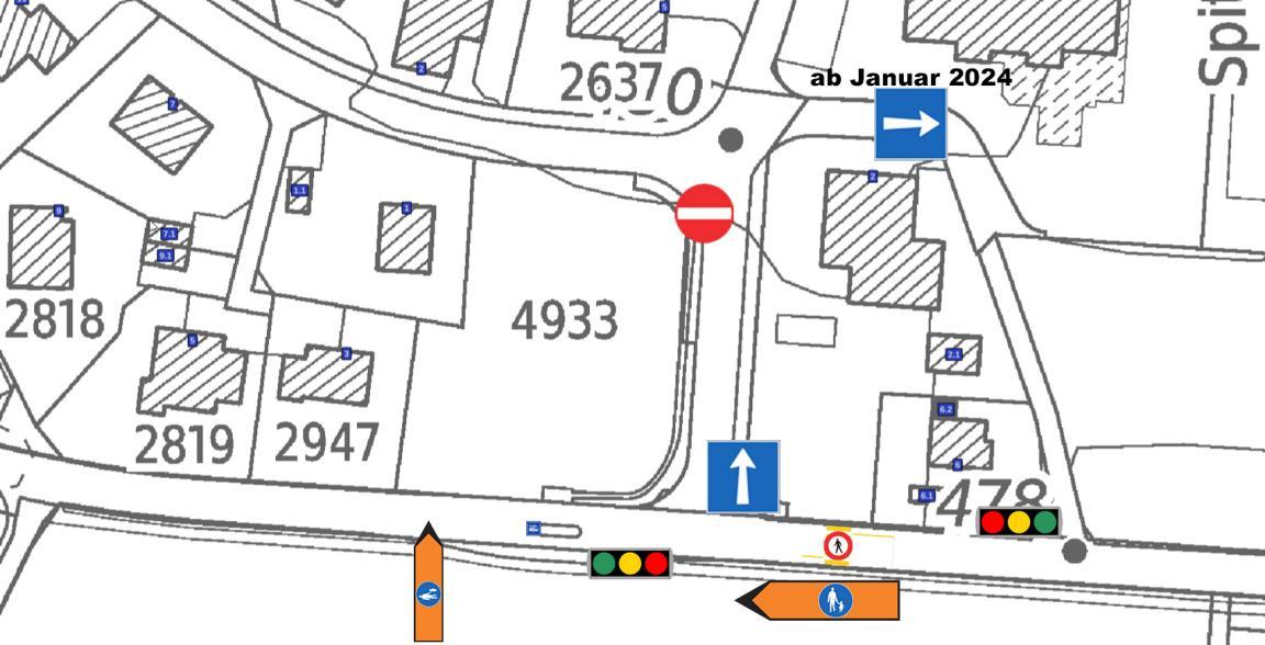 Situationsplan der Einmündung der Zwillikerstrasse in die Muristrasse mit verschiedenen Verkehrszeichen, die angeben, wie der Verkehr geführt wird