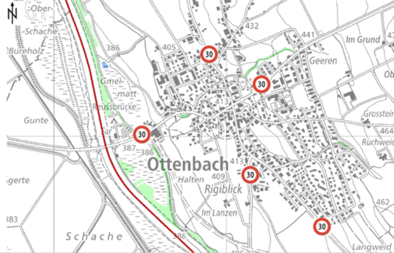 Ortsplan der Gemeinde Ottenbach mit Markierung, die Tempo 30 anzeigen.