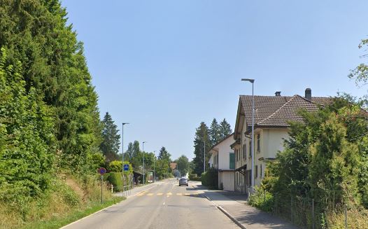Ein Abschnitt der Ottenbacherstrasse in Obfelden. Am linken Strassenrand sind Bäume und Gebüsch, rechts ein paar Wohnhäuser. Ein Auto fährt auf der Strassse
