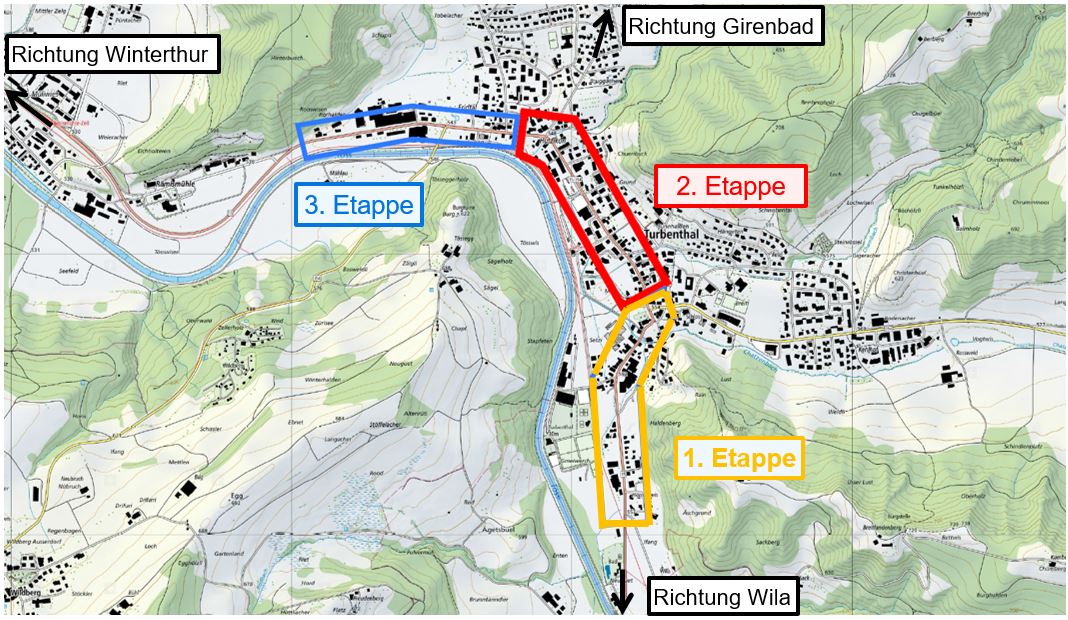 Übersichtsplan des Strassenbauprojekts Tösstalstrasse/Turbenthal in drei Etappen.