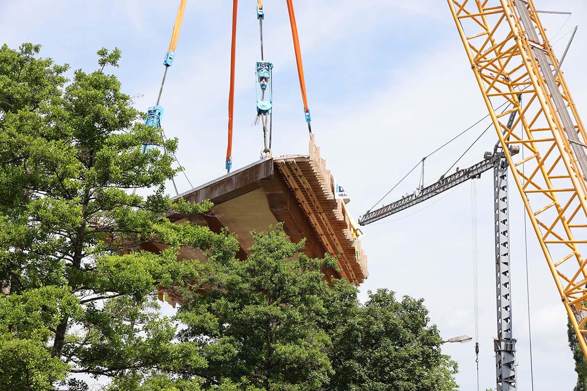 Brücke hängt an Seilen über Bäumen