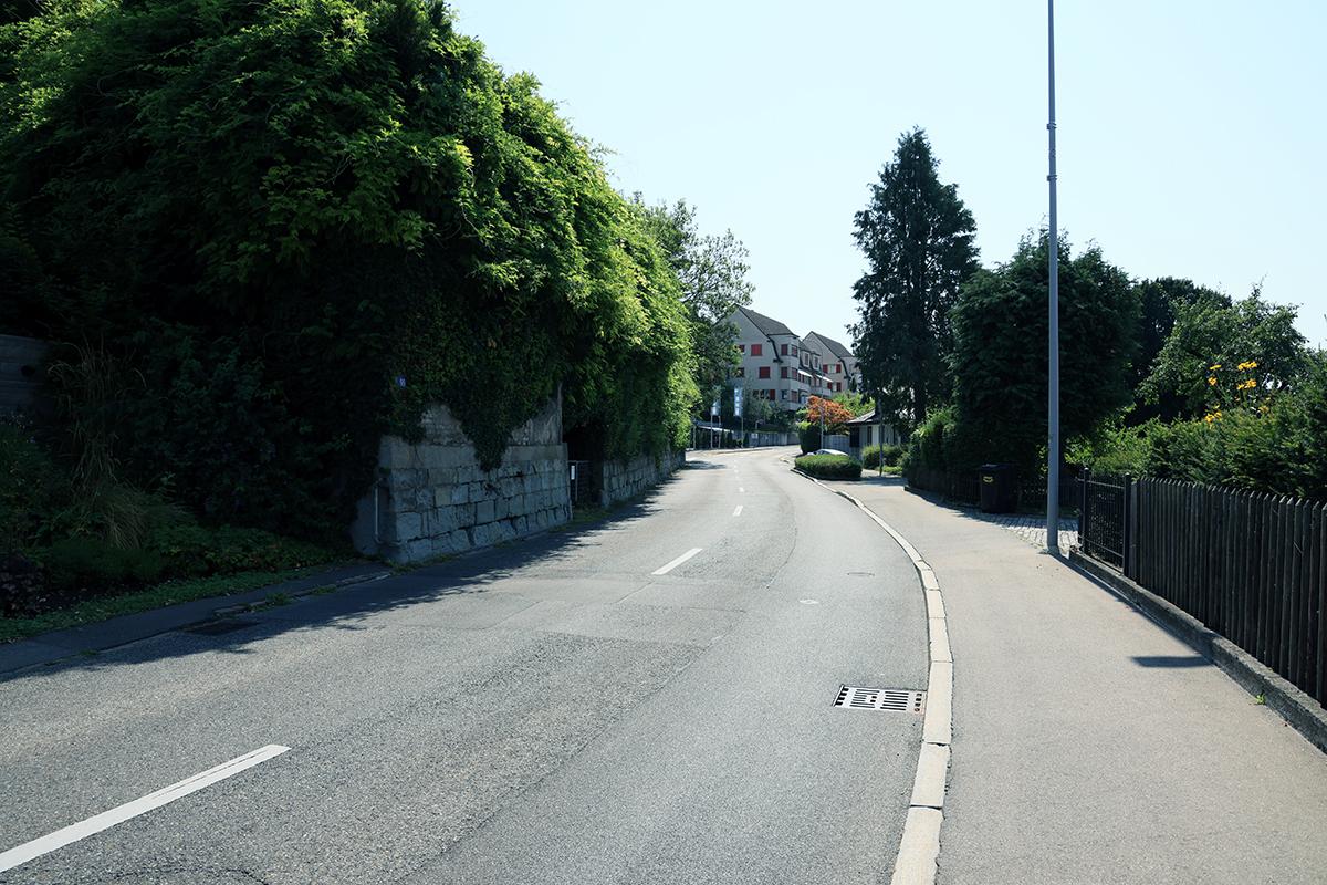 Blick entlang einer leicht ansteigenden, kurvigen Strasse in einem Wohnquartier mit grünen Büschen, Bäumen und Stützmauern.
