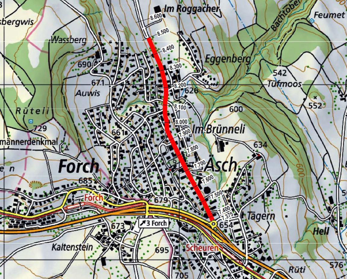 Karte mit eingezeichnetem Projektperimeter: Kreisel Forch bis Ortsausgang Richtung Ebmatingen 