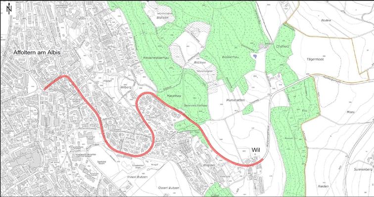 Eine Karte zeigt Affoltern am Albis, rot eingezeichnet ist der Strassenabschnitt nach Wil, der saniert und um einen Velostreifen ergänzt werden soll. 