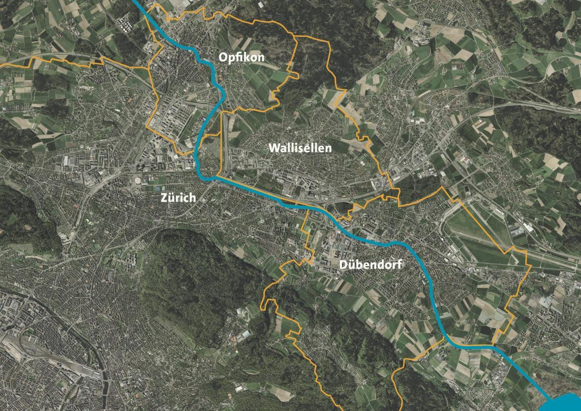 Kartenausschnitt mit der Glatt zwischen Dübendorf, Opfikon und Wallisellen