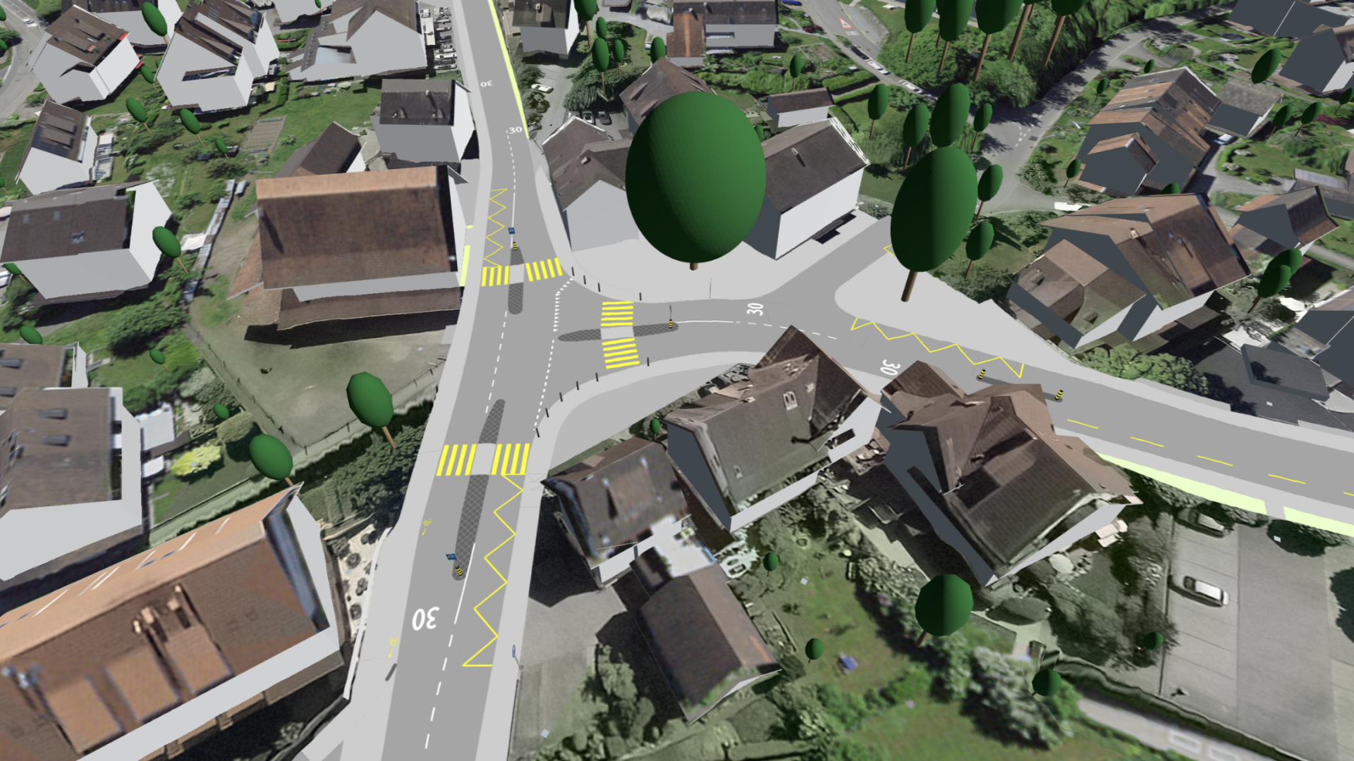 Illustration der Kreuzung Rellikon-/ Fällanden-/ Zürichstrasse im Dorfzentrum von Maur.