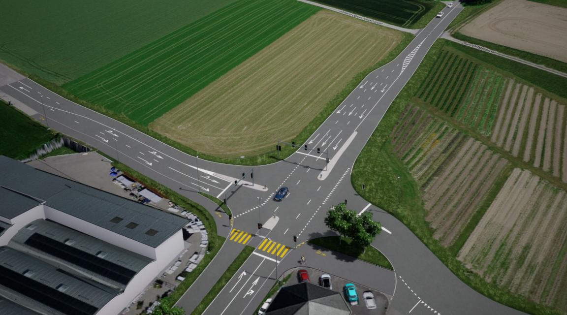 Visualisierung der neuen Strassenverhältnisse beim Landi-Kreisel: Der heutige Kreisel soll zu einer Kreuzung mit Lichtsignalanlage umgebaut werden.