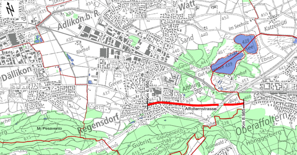 Der auf einer Strassenkarte rot eingezeichnete Abschnitt der Affolternstrasse zwischen  der Watterstrasse und der Zürcher Stadtgrenze, der instandgestellt und aufgewertet wird. 