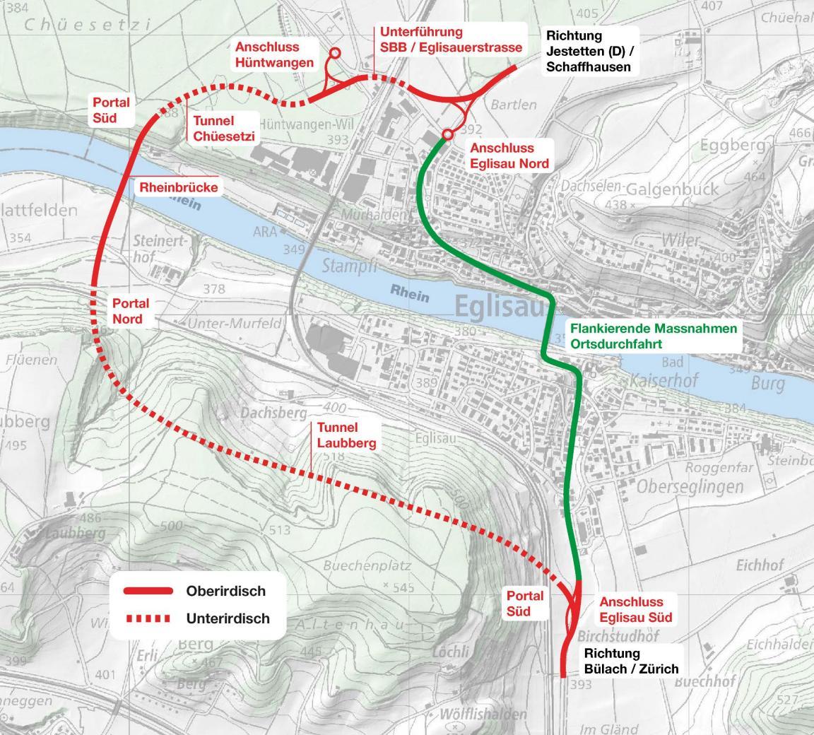 Auf der Karte ist die überirdische und unterirdische geplante Umfahrung von Eglisau dargestellt