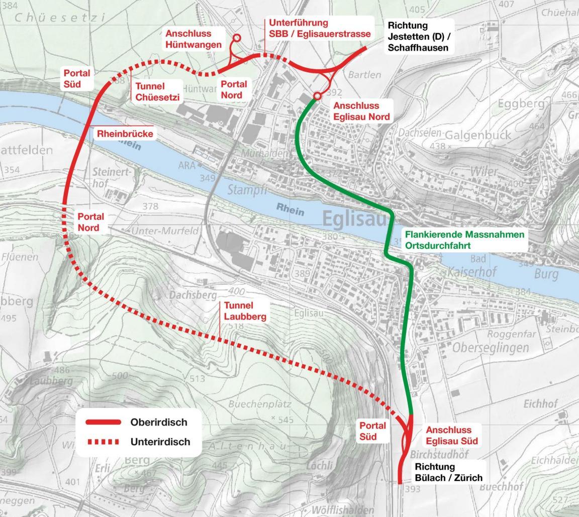 Auf der Karte ist die überirdische und unterirdische geplante Umfahrung von Eglisau dargestellt