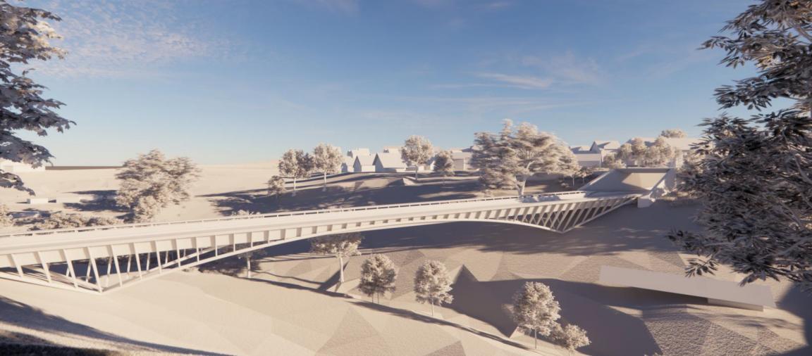 Architektonische Visualisierung einer modernen, weiss-grauen Brückenkonstruktion, die ein Tal überspannt und zu einer Siedlung mit mehreren Häusern führt, alles in einer hellen, sonnigen Darstellung.