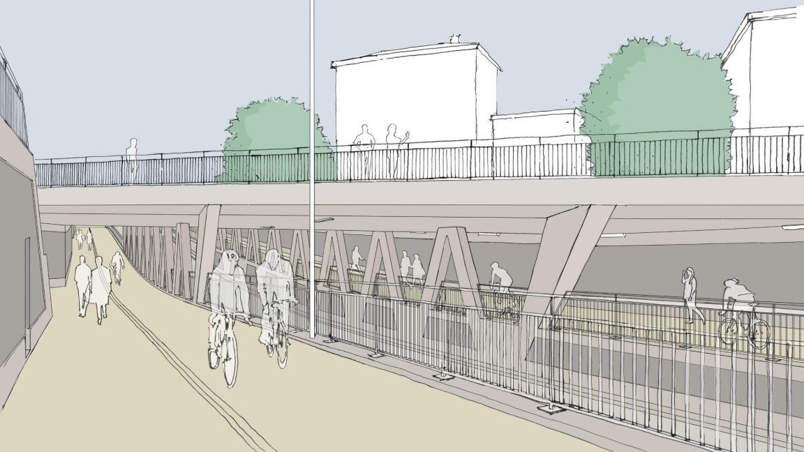 Zeichnung einer Eisenbahnbrücke über eine Strasse mit einem erhöhten Rad- und Gehweg.