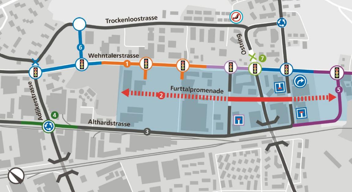 Der Situationsplan zeigt die Verkehrsführung für den motorisierten Individualverkehr. Die Hauptverkehrsachse ist die Wehntalerstrasse .