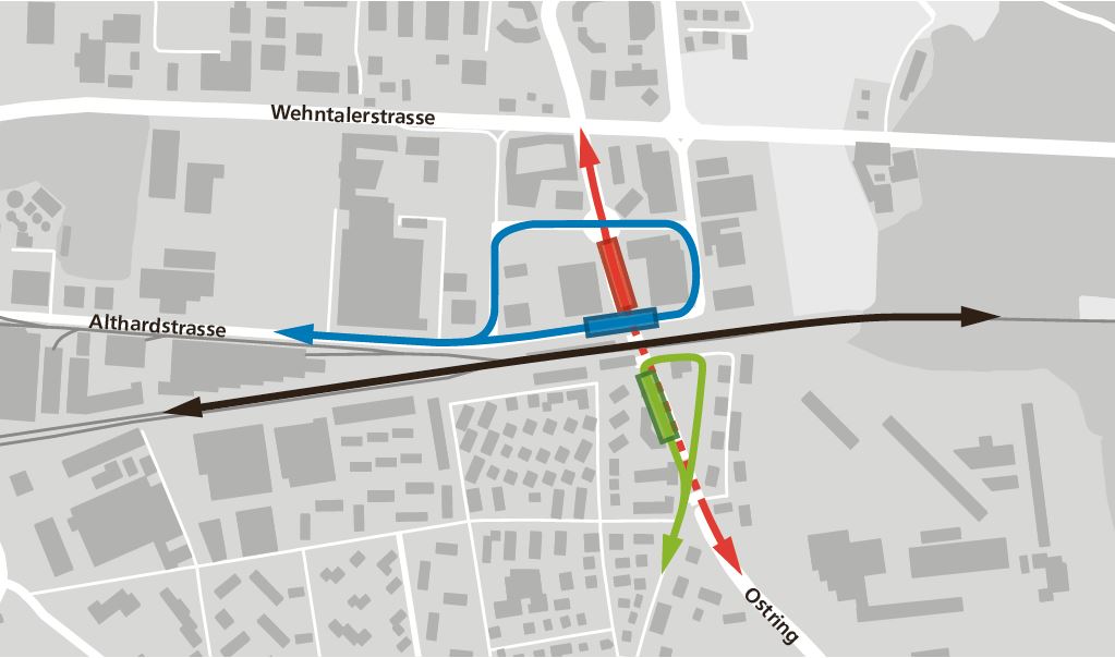 Auf einem Situationsplan ist mit je einer roten, blauen und grünen Linien die Verkehrsführung der Busse im Gebiet zwischen der Wehntalerstrasse und der Altbachstrasse eingezeichnet.