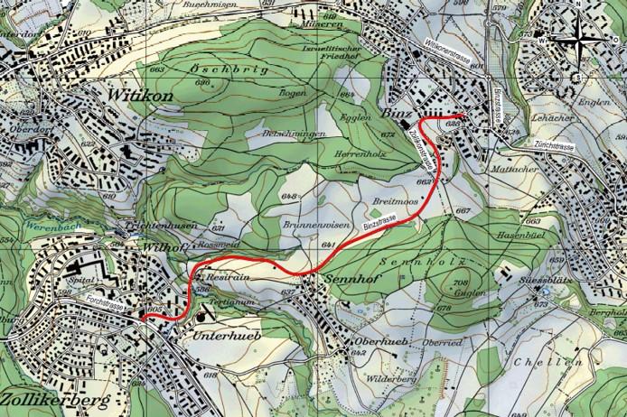 Auf der Karte ist mit einem roten Strich die Strecke zwischen Binz und Zollikerberg eingezeichnet, die saniert werden soll. Gleichzeitig entsteht dort ein durchgehender Veloweg.