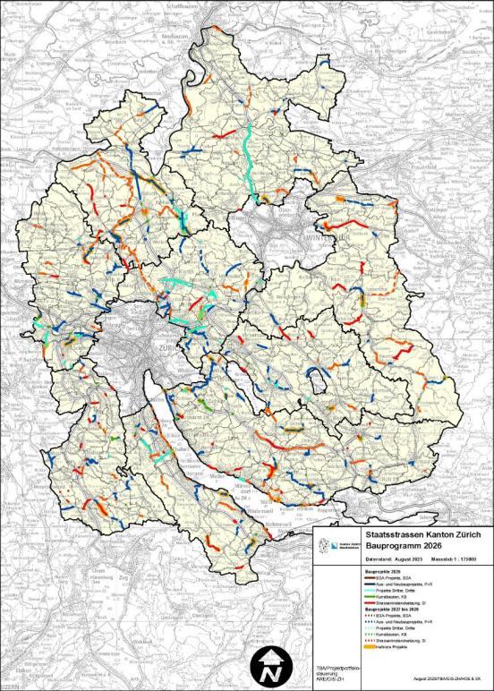 Eine Karte mit dem Bauprogramm 2026 der Staatsstrassen im Kanton Zürich