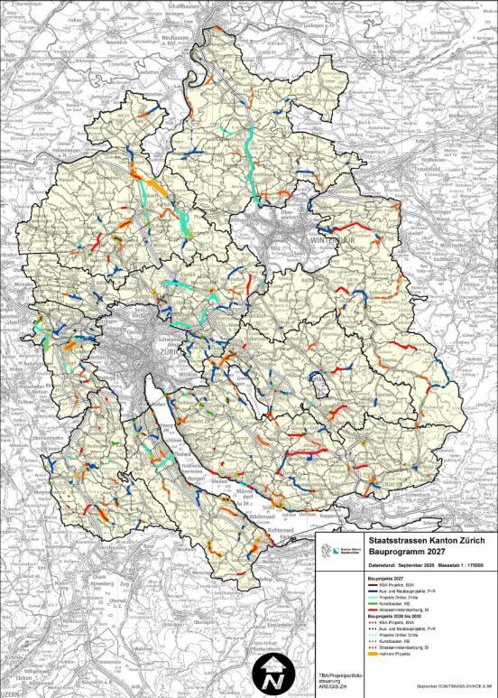 Eine Karte mit dem Bauprogramm 2027 der Staatsstrassen im Kanton Zürich