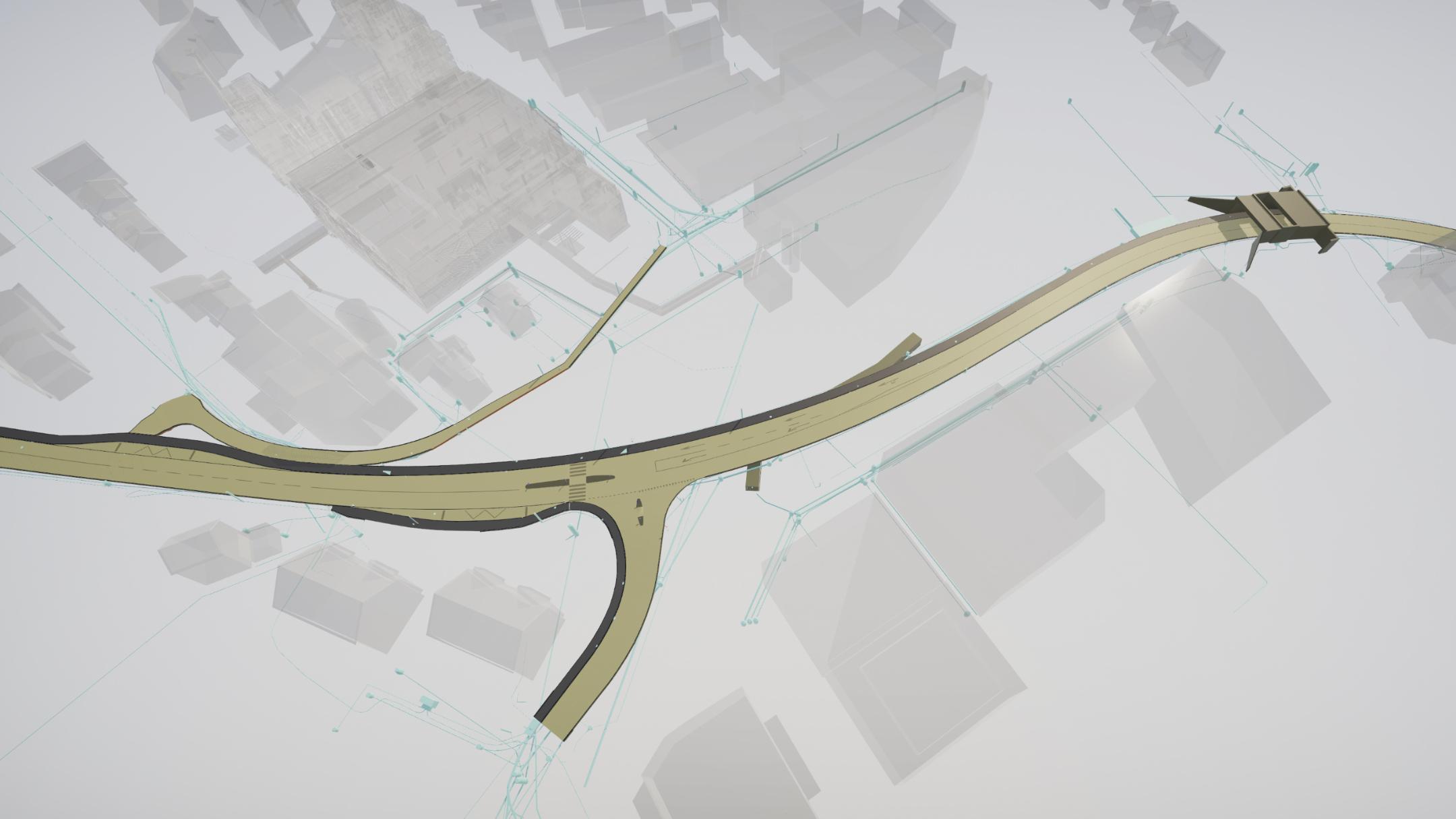 Modell der vorhandenen Werkleitungen, der verschiedenen Strassenabschnitte und der SBB-Brücke.