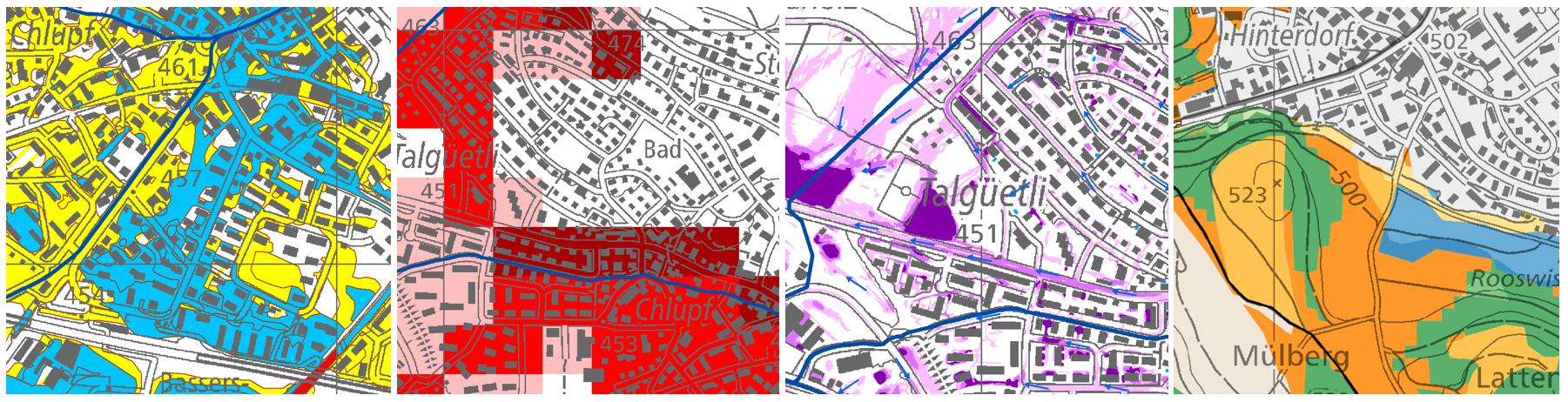 Vier verschiedene Karten, die sich auch in der Farbgebung unterscheiden. V. l. n. r.: Gefahrenkarte (gelb, blau, rot), Risikokarte (Rottöne), Oberflächenabflusskarte (Violetttöne), Abflussprozesskarte (Erdfarben).
