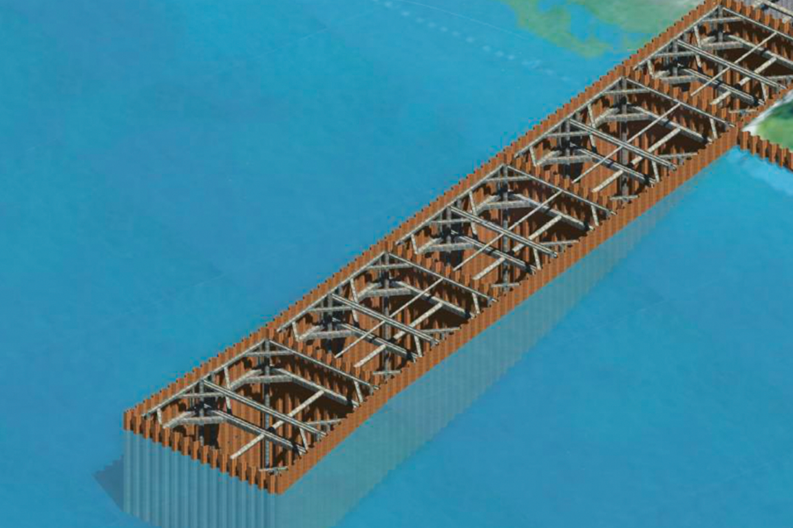 Grafik mit Luftansicht der Baugrube. Diese besteht aus fünf Kästen mit verstrebten Spundwänden.