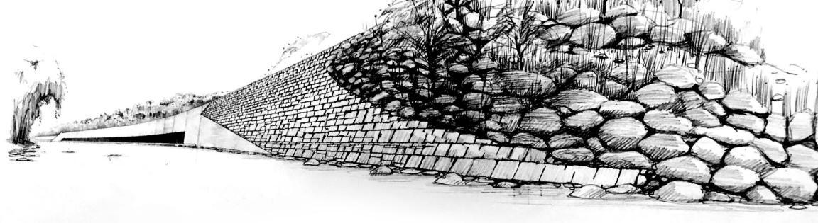 Visualisierung des Einlaufbauwerks für den Entlastungsstollen Thalwil. Im Hintergrund sichtbar ist die schlitzförmige Öffnung, durch die das Hochwasser in den Stollen eintritt.