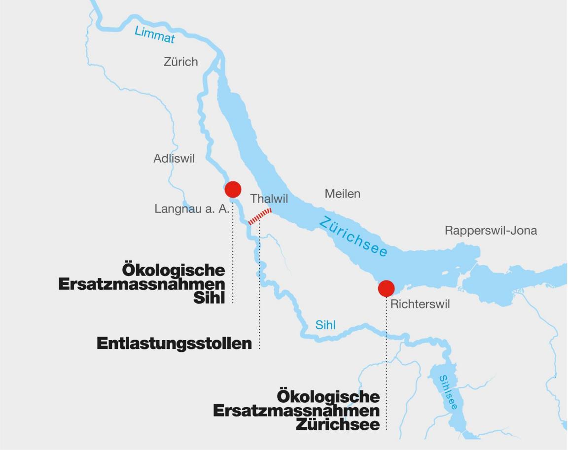 Kartenansicht des Stollenverlaufs und der Standorte für ökologische Massnahmen in Richterswil und Langnau am Albis.