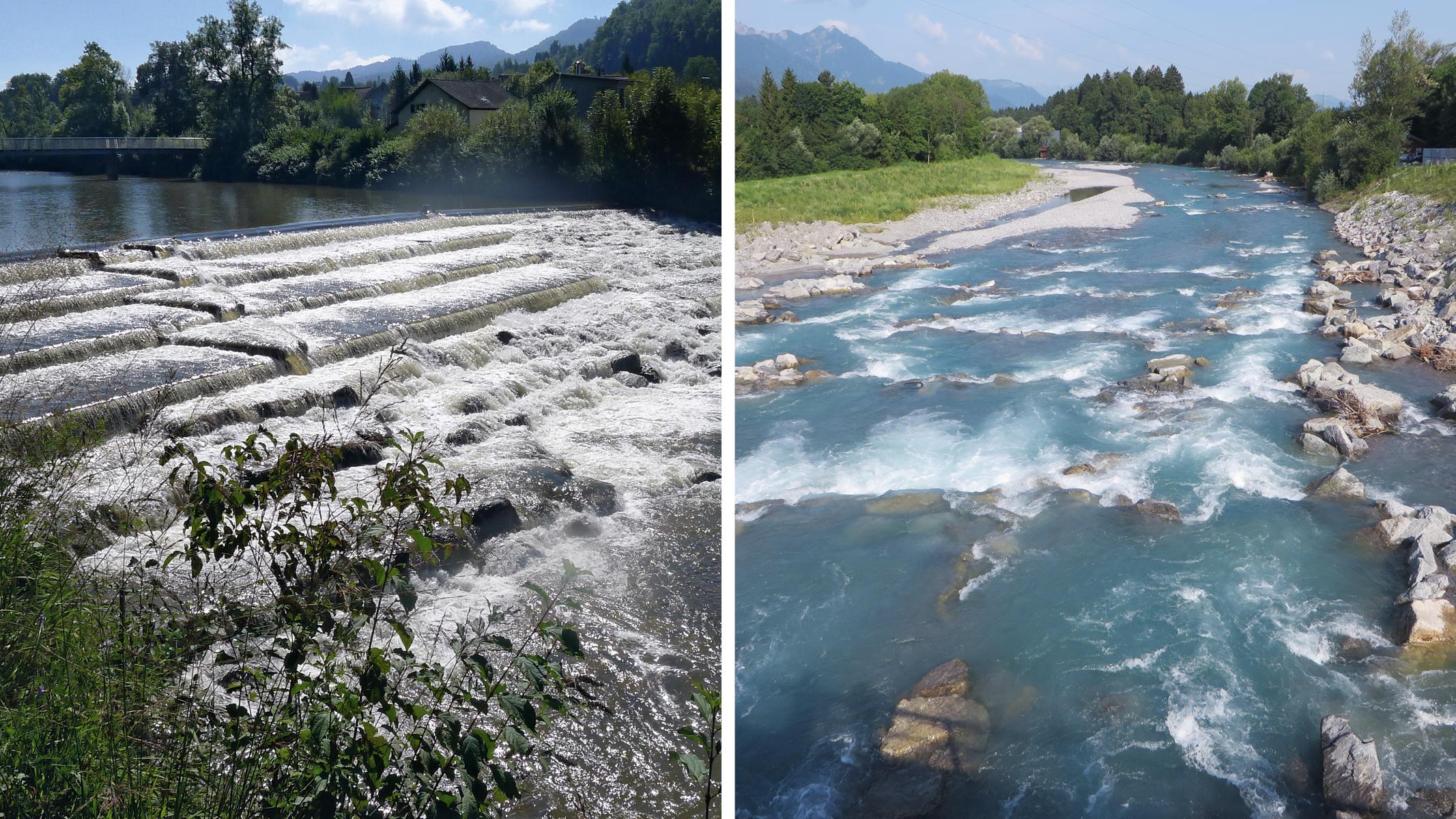 Auf dem linken Bild ist eine mehrstufige Schwelle im Fluss, über die das Wasser strömt, dahinter eine Fussgängerbrücke.  Im rechten Bild ein  naturnaher Fluss. Das Wasser umfliesst mehrere grosse Steine..