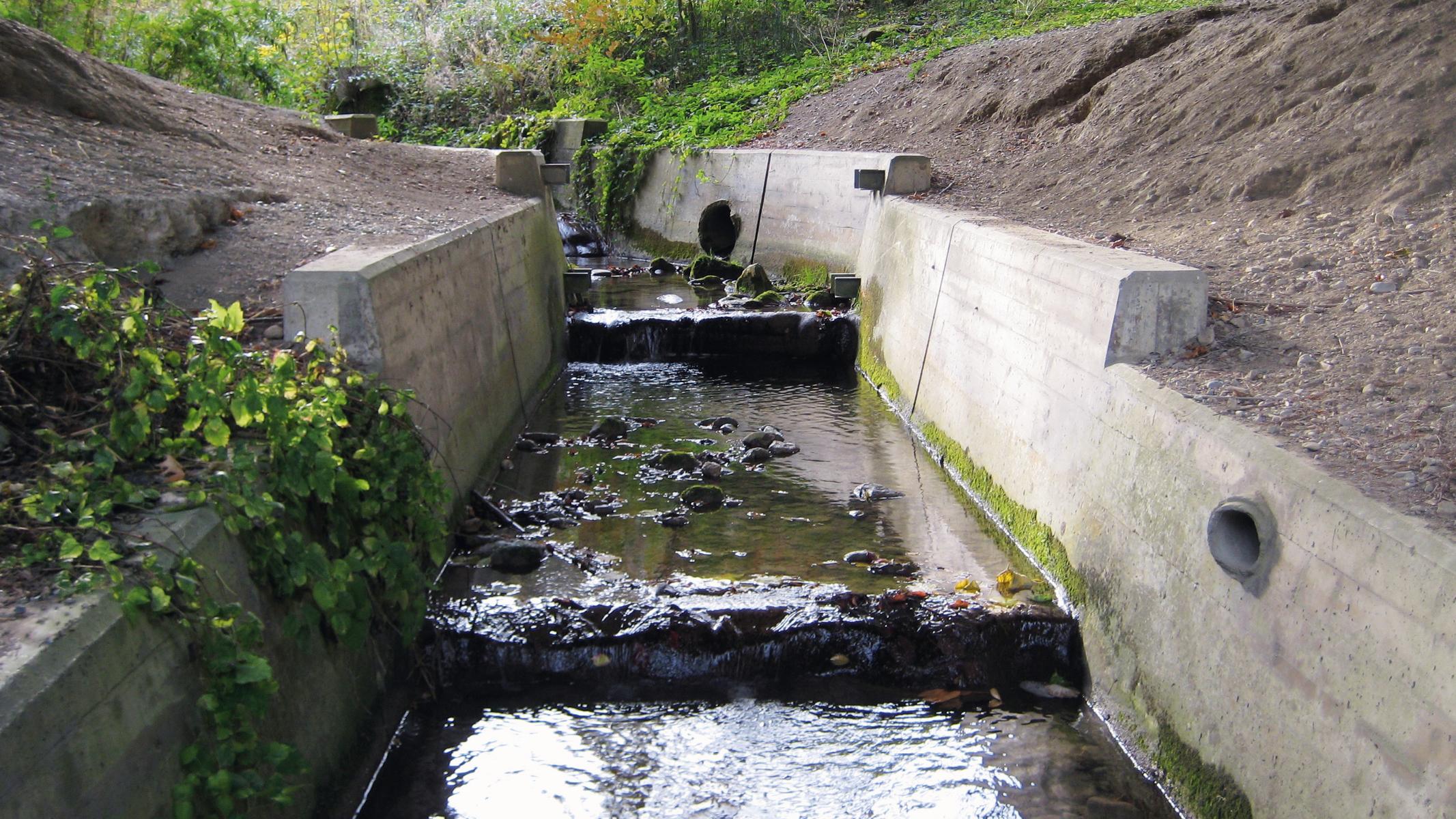 Eine Bachmündung mit Betonmauern auf beiden Seiten.