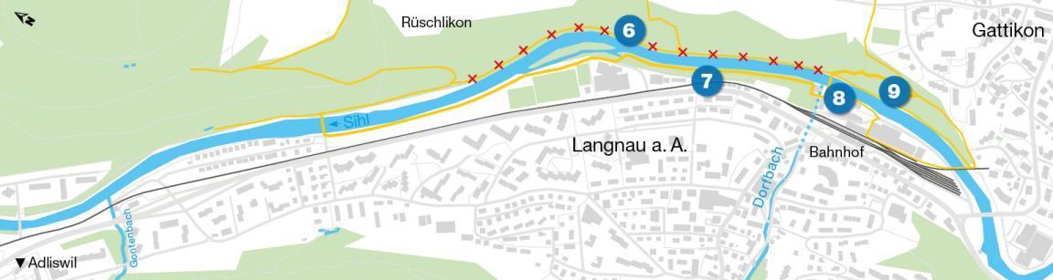 Übersichtsplan, der an Punkten 6 bis 9 den verbesserten Zugang zum Wasser zeigt. 