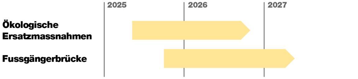 Plan der den Baustart für die ökologischen Ersatzmassnahmen per Juni 2025 anzeigt. Die Fussgängerbrücke wird im vierten Quartal in Angriff genommen.  